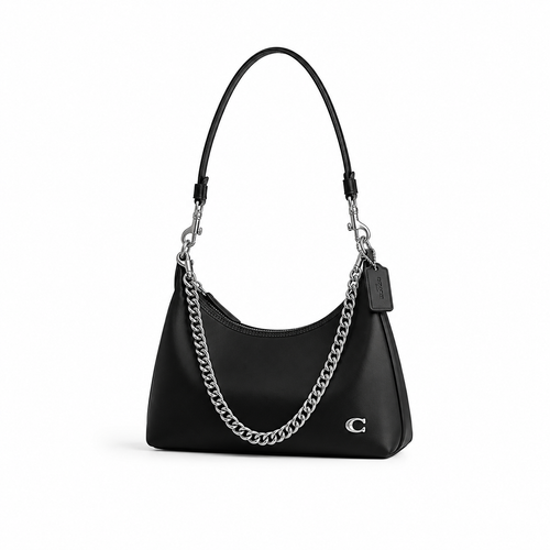 A black leather hobo shoulder bag with a silver chain strap and a small silver 'C' logo on the front, shown on a plain white background.