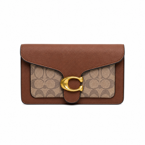 A Crossbody bag in brown pebbled leather and signature monogram canvas, featuring a gold-tone C logo clasp on a plain white background.