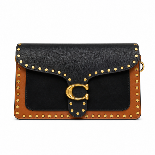 A structured black and tan leather clutch bag with gold-tone hardware, featuring a flap closure adorned with gold studs and a prominent 'C' clasp on a white background.
