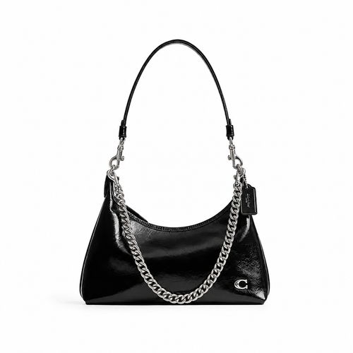 A black leather shoulder bag with a silver chain strap and a small silver 'C' logo on the front, shown against a plain white background.